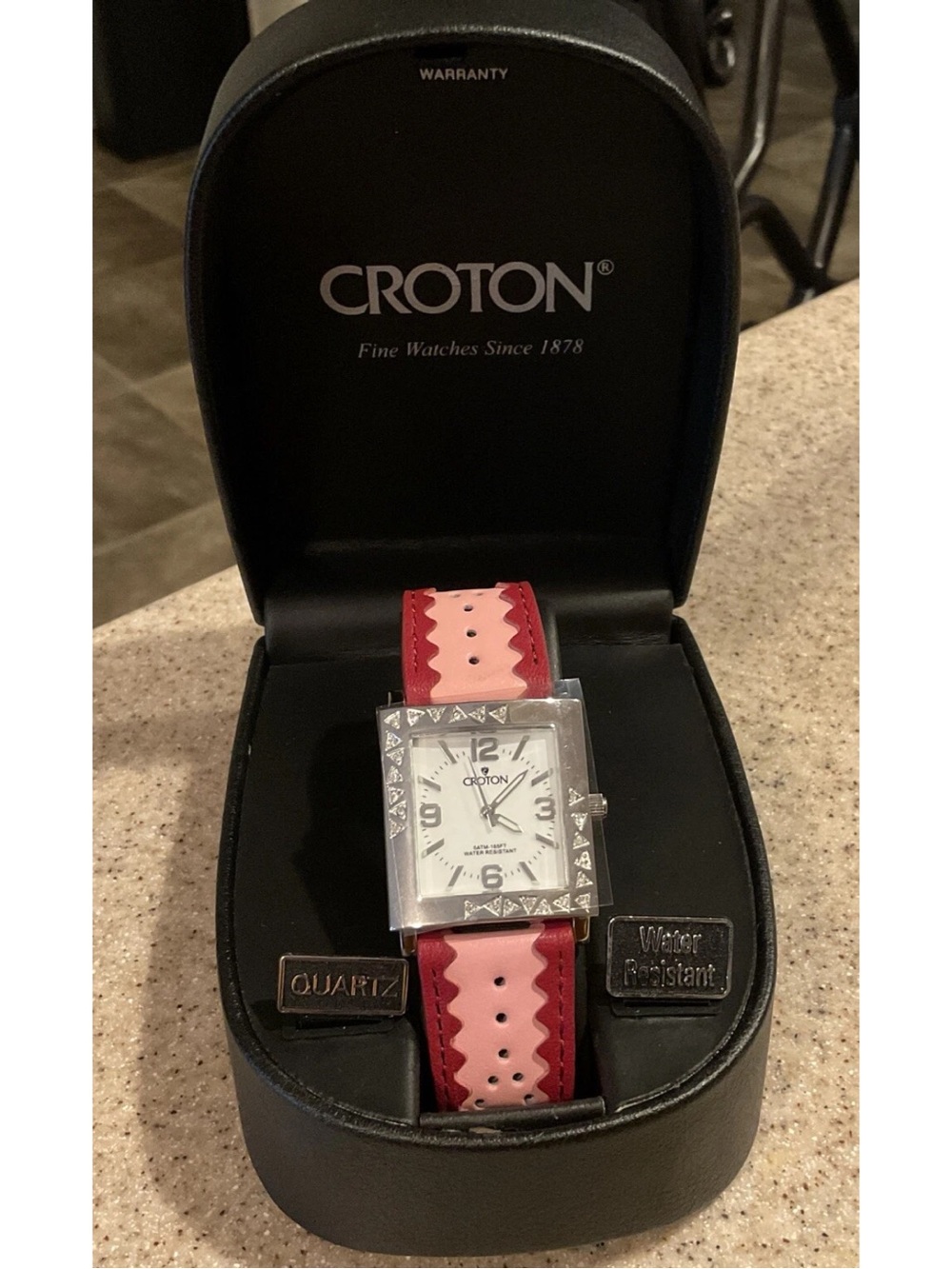 Croton Womens Crystal Accent Quartz Watch Water Resistant Pink/Red Strap NIB